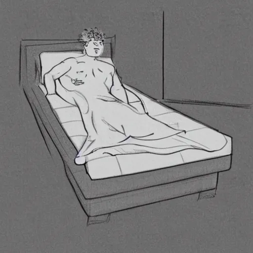 Image similar to sketch of a person who is reclined on a mattress. the person is fully clothed