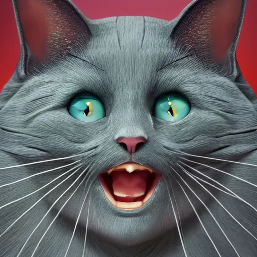 Image similar to a beautiful surreal cat smiling, highly detailed, liquid oil paint, gustave dore, leonardo da vinci, trending on artstation, lucid and intricate, rectilinear, digital art, octane, redshift, vray, 8 k, 6 4 megapixels, zbrush central, behance hd, hypermaximalist, well rendered