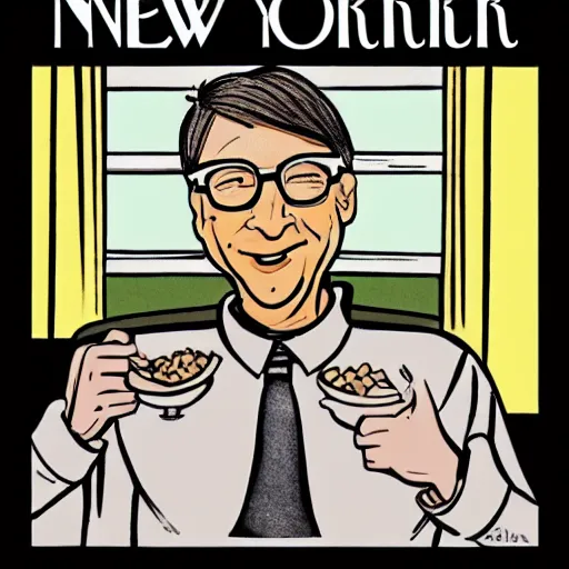 Prompt: New Yorker cartoon of Bill Gates eating a bowl of crickets