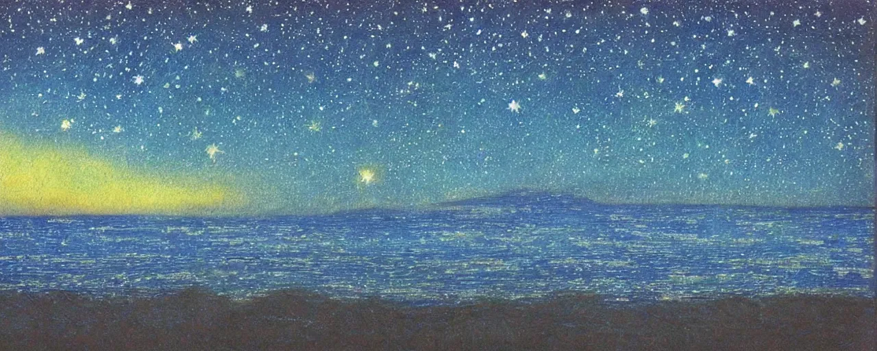 Image similar to ” beautiful starry sky and ocean painted by moebius. ”