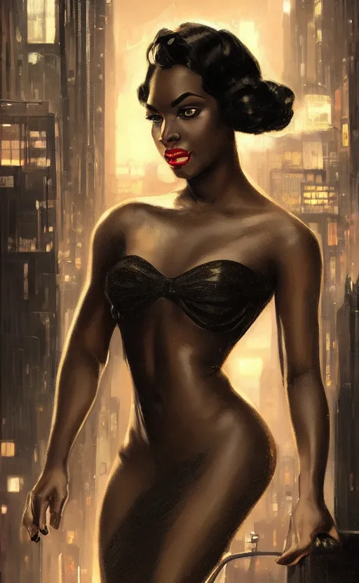 Image similar to an attractive young Black woman, clothed like a 1940s femme fatale, intricate, elegant, highly detailed, digital painting, film noir lighting, Blade Runner city background, trending on artstation, concept art, smooth, sharp focus, illustration, art by artgerm and greg rutkowski and alphonse mucha