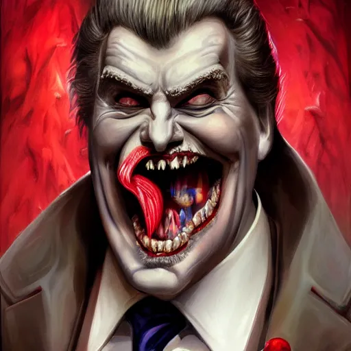 Prompt: portrait of donald trump dracula showing his fangs, intricate, elegant, highly detailed, centered, grungy, digital painting, artstation, concept art, smooth, sharp focus, boris vallejo