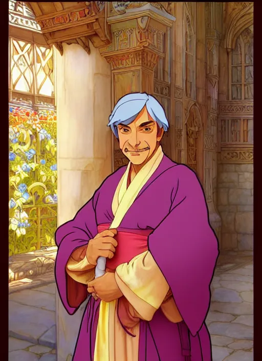 Prompt: tanned medieval diplomat wearing colourful silk robes holding lute, natural lighting, path traced, highly detailed, high quality, digital painting, by don bluth and ross tran and studio ghibli and alphonse mucha, artgerm