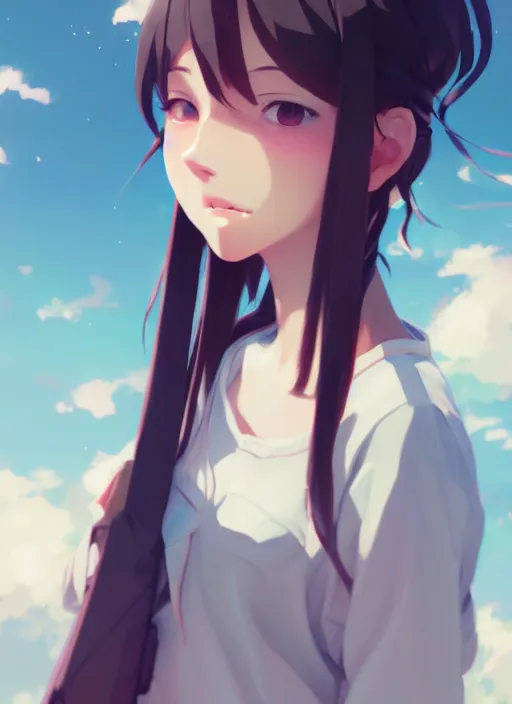 Image similar to portrait of cute girl, cloudy sky background lush landscape illustration concept art anime key visual trending pixiv fanbox by wlop and greg rutkowski and makoto shinkai and studio ghibli