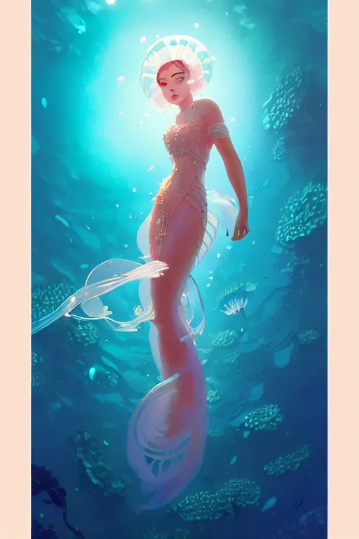 Image similar to a beautiful queen of ocean in the middle of coral reefs, pearl crystal jewelry, complex and shiny dress inspired by jellyfish, by ross tran and atey ghailan, by greg rutkowski, by greg tocchini, by james gilleard, by joe fenton, by kaethe butcher, dynamic lighting, grunge aesthetic