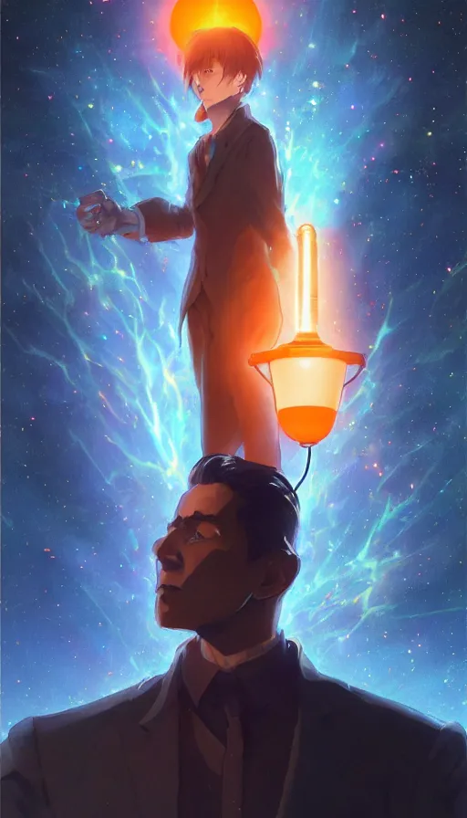 Image similar to fine - face, realistic shaded perfect face, fine details, orange - ish cosmic setting, anime style, realistic shaded lighting poster by katsuhiro, ilya kuvshinov, artgerm, jeremy lipkin and michael garmash, rob rey and kentaro miura style, trending on art station, nikola tesla holding a tesla coil, accomplished look, glowing energy