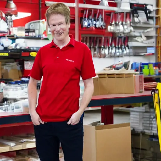 Image similar to tom scott wearing the iconic red shirt while working behind a general shop counter, happy, bright lighting, photorealistic, 4 k