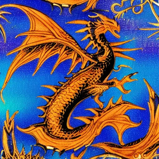 Image similar to indigo dragon with raven wings and holographic scales shimmering gold with deep orange background ultrarealistic 1 5 0 mpx