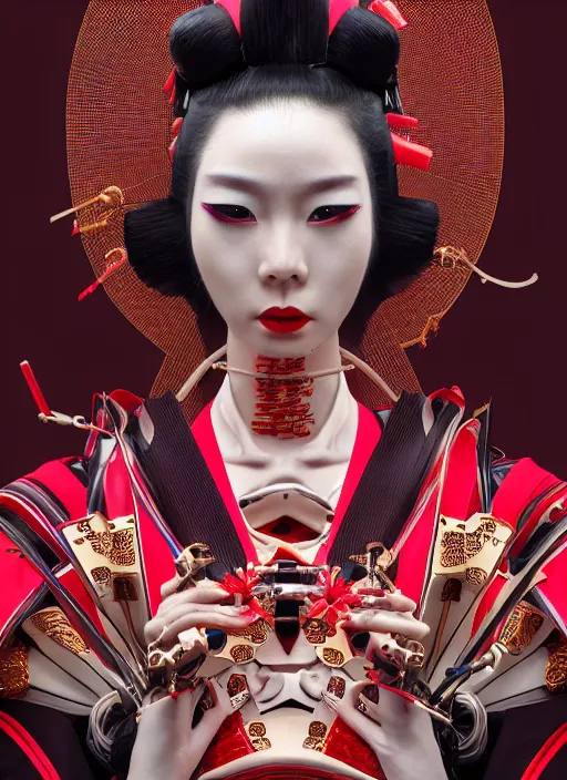 Image similar to portrait of a stylish futuristic geisha cyborg, with a red kimono with japanese golden signs written on it, kintsugi, modern fine art, fractal, intricate, elegant, highly detailed, digital photography, subsurface scattering, in the style of ghost, by jheronimus bosch and yue minjun and greg rutkowski,