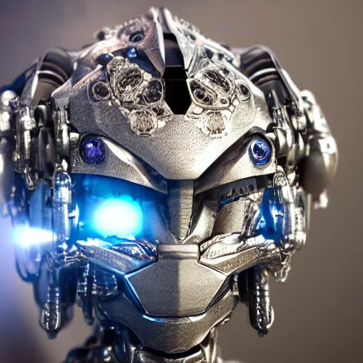 Prompt: Ultra-detailed cinematic render of a macro mecha cyborg face, cyborg eyes, silver sapphire detailed, ultra wide shot, metalic reflection, intricate details, full body, torso, hands, wires, unreal engine, dragon armor, intricate, octane render, high quality, ornate gems, 8k, by takeshi yoshida, volumetric lighting, person centered composition, trending on art station