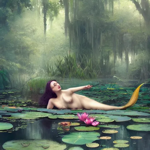 Image similar to art of a mermaid resting in a dense forest near a pond with water lilies by greg rutkowski, artgerm, artstation, wlop, 8 k,