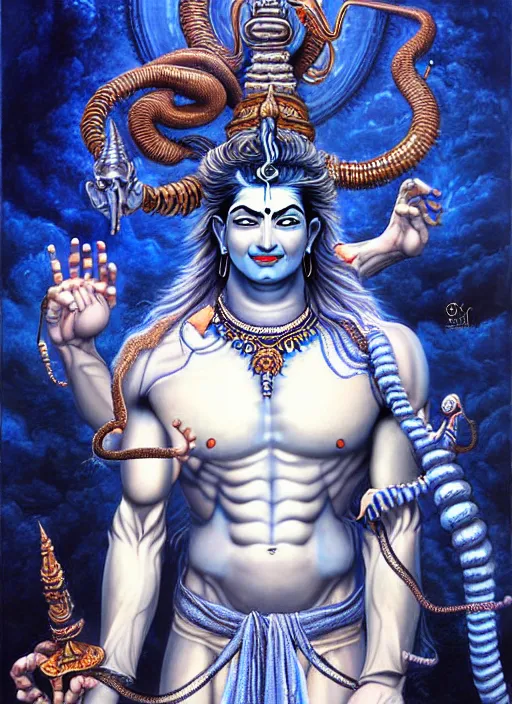 Prompt: god shiva the destroyer, 4!!!! arms!!!! blue skin an ultrafine detailed painting by ayami kojima, cgsociety, fantasy, anime digital art, lovecraftian, cosmic horror, detailed painting
