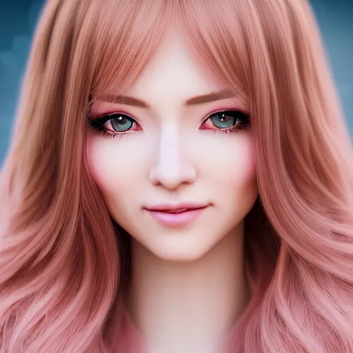 Image similar to beautiful intricate photograph of nikki from shining nikki dress - up game, a cute young woman, light pink hair, long hair with full bangs, full heart - shaped face, amber eye color, pale skin, light blush, chinese heritage,, smiling softly,, golden hour, soft focus, 8 k, hyperrealism, hyperdetailed