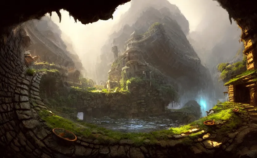 Image similar to worm's - eye view of cylindrical living quarters carved inside a mountain, above lush garden and hot spring, well maintained, clean, medieval, fantasy genre, natural light, fantasy, natural light, sharp focus, concept art, by greg rutkowski and craig mullins, cozy atmospheric and cinematic lighting, trending on artstation