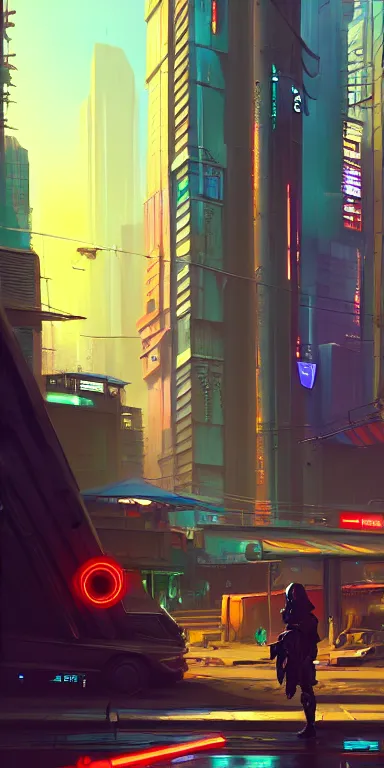 Image similar to street - level view from a cyberpunk city, concept art, high quality digital art, by michal lisowski, trending on artstation
