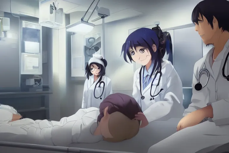 Image similar to a cute young female doctor wearing white coat are talking with an old surgeon in a hospital, lighting, anime scenery by Makoto shinkai