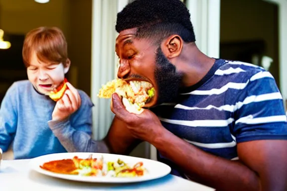 Image similar to a man unhinging his jaw while eating dinner with his family