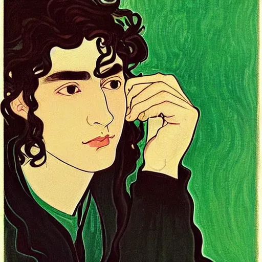 Prompt: painting of crying young cute handsome beautiful dark medium wavy hair man in his 2 0 s named shadow taehyung at the cucumber matcha soup party, somber, depressed, melancholy, sad, elegant, clear, painting, stylized, delicate, soft facial features, delicate facial features, soft art, art by alphonse mucha, vincent van gogh, egon schiele