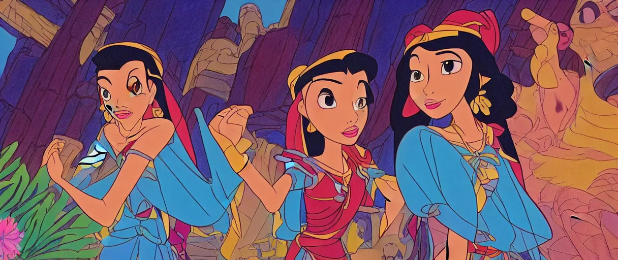 Image similar to Aztec Disney princess by Glen Keane, Disney 2D Traditional Animation, Semi Realistic Anime, Cel Shaded, Studio Ghibli, cinematic, widescreen, 4K