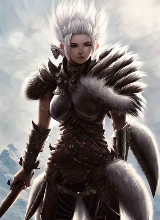 Image similar to warrior, fur - lined heavy armor!!! beautiful and athletic white hair female!! monster hunter!! character concept art, sharp focus, octane render! unreal engine 5! highly rendered!! trending on artstation!! detailed linework!! illustration by artgerm, wlop, and chie yoshii