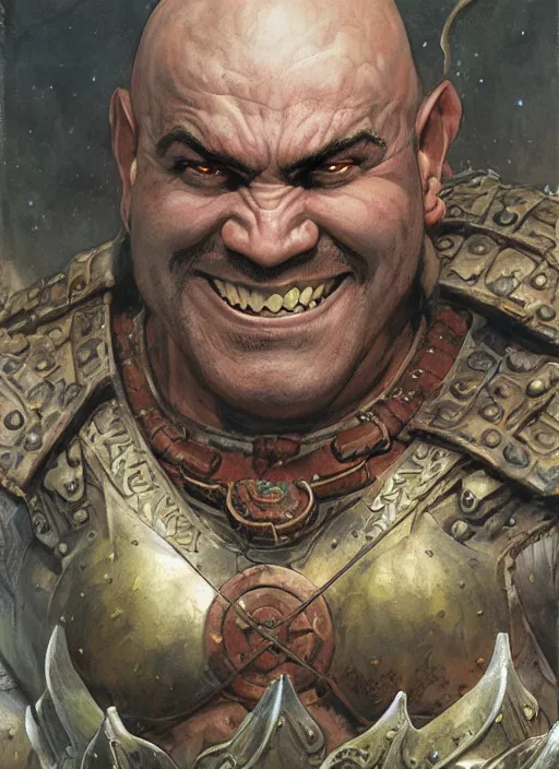 Image similar to a fantasy comic book style portrait painting of a grinning bald half - orc male warrior, art by donato giancola and bayard wu and gustav moreau and wayne barlowe