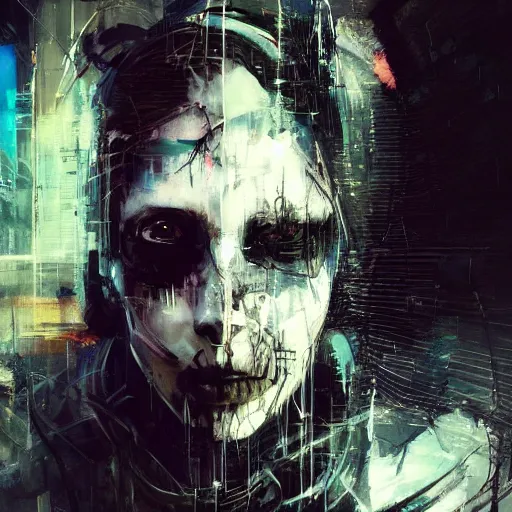 Image similar to a cyberpunk gothic noir detective, skulls, wires cybernetic implants, machine noir grimcore in cyberspace photoreal, atmospheric by jeremy mann francis bacon and agnes cecile, ink drips paint smears digital glitches