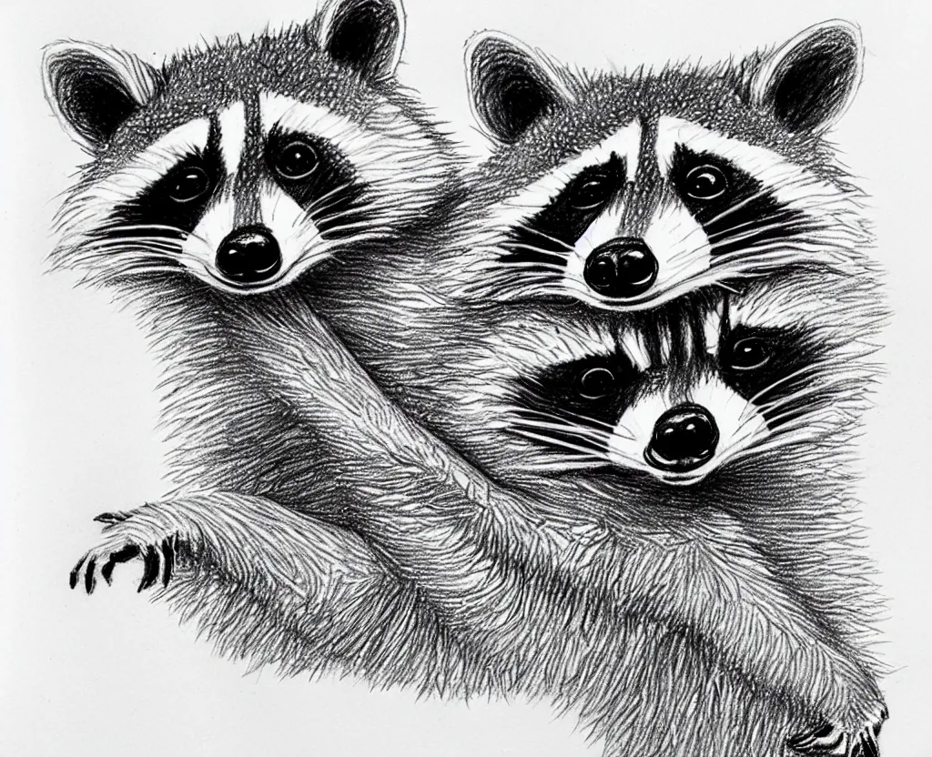 Image similar to detailed pencil sketch of a raccoon holding up and looking at a starfish, children's book