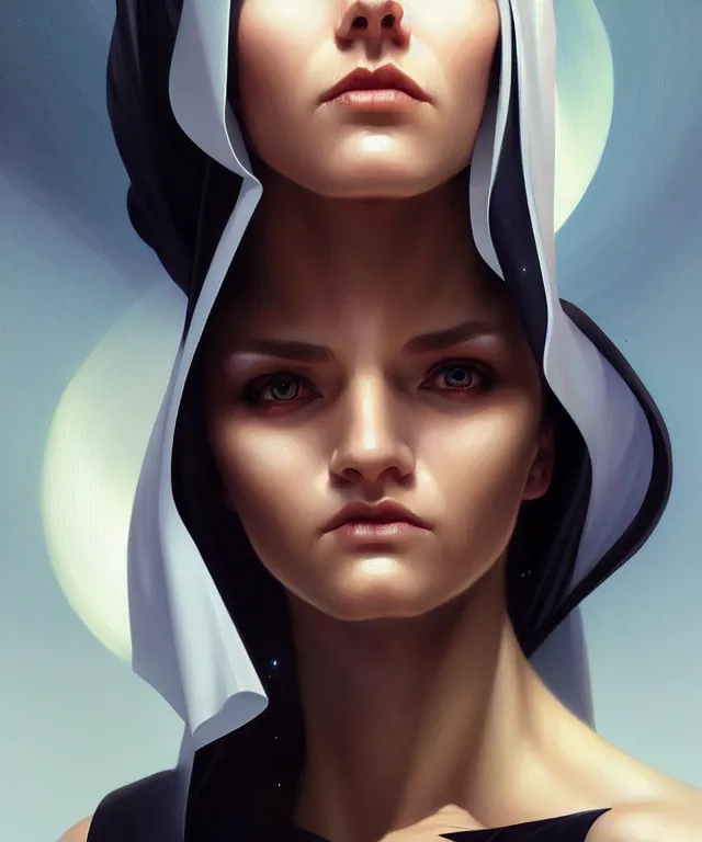 Image similar to futuristic nun woman portrait, sci - fi, amber eyes, face, long hair, fantasy, intricate, elegant, highly detailed, digital painting, artstation, concept art, smooth, sharp focus, illustration, art by artgerm and greg rutkowski and alphonse mucha