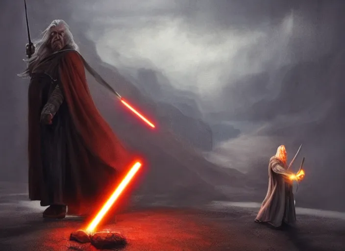 Prompt: gandalf throwing a fire bolt from the floor at darth vader, beautiful landscape, dramatic lighting, cinematic, establishing shot, night time, heavy rain, extremly high detail, photorealistic, cinematic lighting, post processed, concept art, artstation, matte painting, style by greg rutkowsky