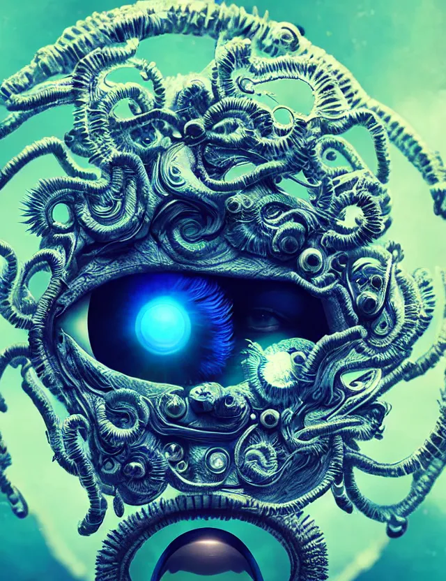 Image similar to eye of god macro close - up portrait with mask made of ram skull. betta fish, jellyfish phoenix, bioluminiscent, plasma, ice, water, wind, creature, super intricate ornaments artwork by tooth wu and wlop and beeple and greg rutkowski