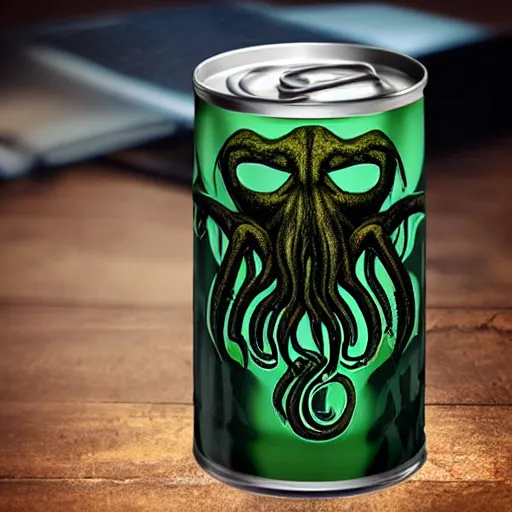 Image similar to Cthulhu energy drink can, photorealistic