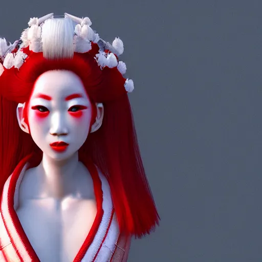 Prompt: albino Maiko with a big fancy hair, detailed, jewelry, sakura,photograph, award wining, red and white, trending on artstation, 4k, unreal engine 5, octane render, neon highlights