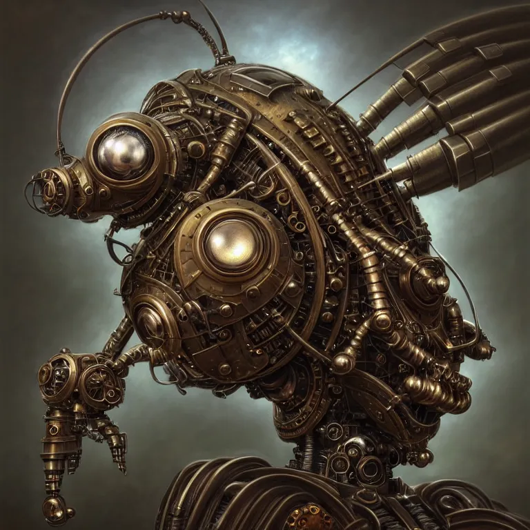 Image similar to portrait shot of a steampunk robot bug, unreal engine realistic render, 8 k, micro detail, intricate, elegant, highly detailed, centered, digital painting, artstation, smooth, sharp focus, illustration, artgerm, tomasz alen kopera, peter mohrbacher, donato giancola, joseph christian leyendecker, wlop, boris vallejo