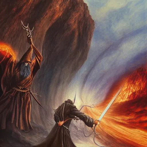 Image similar to beautiful gandalf fighting the balrog, by alan lee, lord of the rings, smooth, detailed terrain, oil painting, matte painting, concept art, trending on artstation