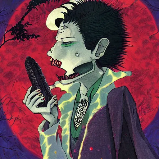 Image similar to Vampire traveling through a beautiful psychedelic world, horror, illustrated by Hayao Miyazaki, trending on artstation