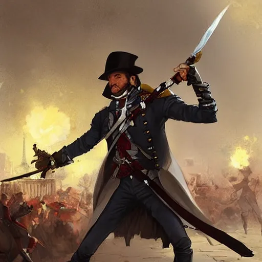 Image similar to a french gentleman with a rapier in a duel with a rogue blackman in the streets of a fantasy paris in french revolution, epic fantasy digital art, fantasy style art, by Greg Rutkowski, fantasy hearthstone card art style