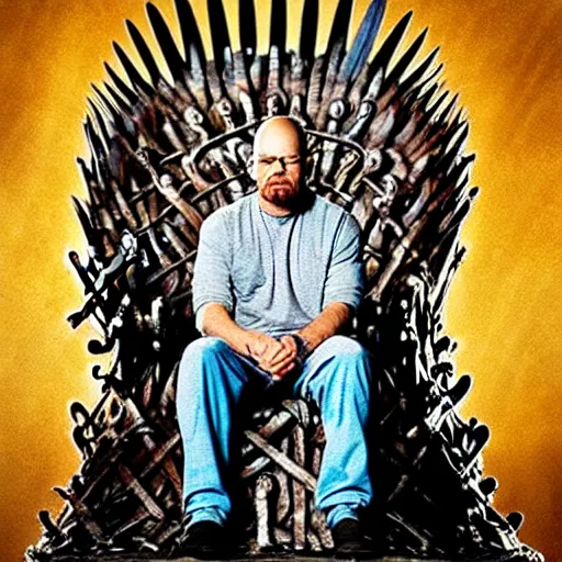 Image similar to “Intricate 4K photo of Walter White sitting on the Iron Throne from Game of Thrones, award-winning crisp details”