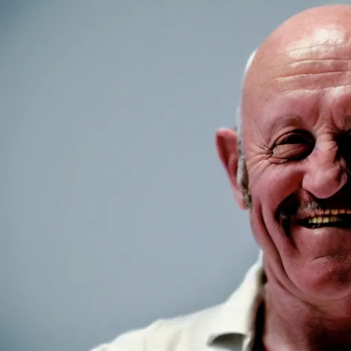 Image similar to mike ehrmantraut grinning in front of a camera