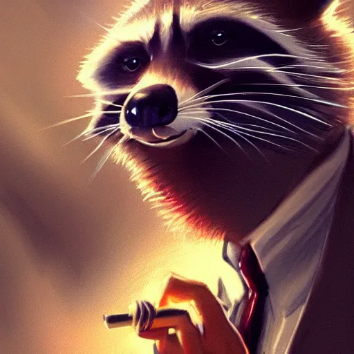 Image similar to a racoon wearing a suit smoking a cigar on his mouth, dramatic lighting, cinematic, establishing shot, extremly high detail, photorealistic, cinematic lighting, artstation, style by James Gurney