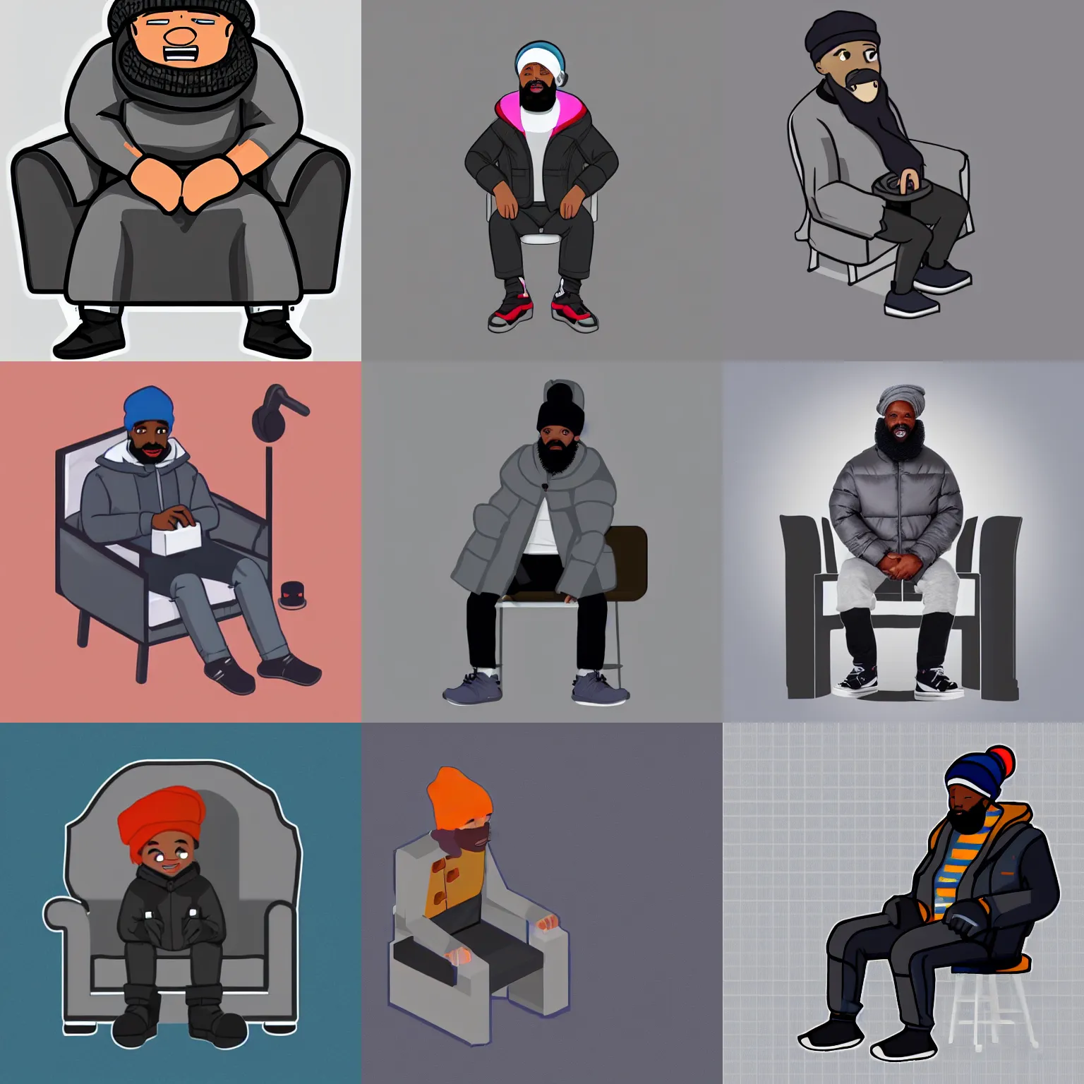 Prompt: a fullbody isometric sprite of a 🧔🏿 wearing a gray do rag and a black winter puffer coat, sitting in a chair, assets, urban music studio, 2 bit