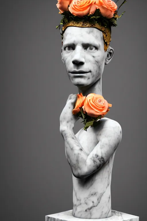 Image similar to beautiful marble bust of basquiat wearing a crown full of peach and white roses and hands reaching to the sky. rococo style decorations, background heavenly sky, marble columns, Trending on artstation. halo. octane render, cinematic, hyper realism, octane render, 8k, depth of field, 3D