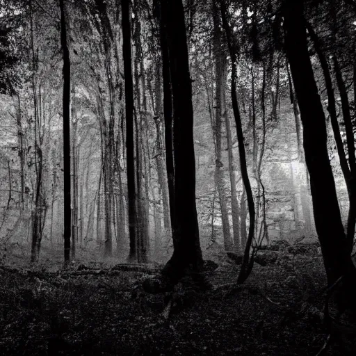 Image similar to a black and white blurry phone photo of a monster in a forest at night