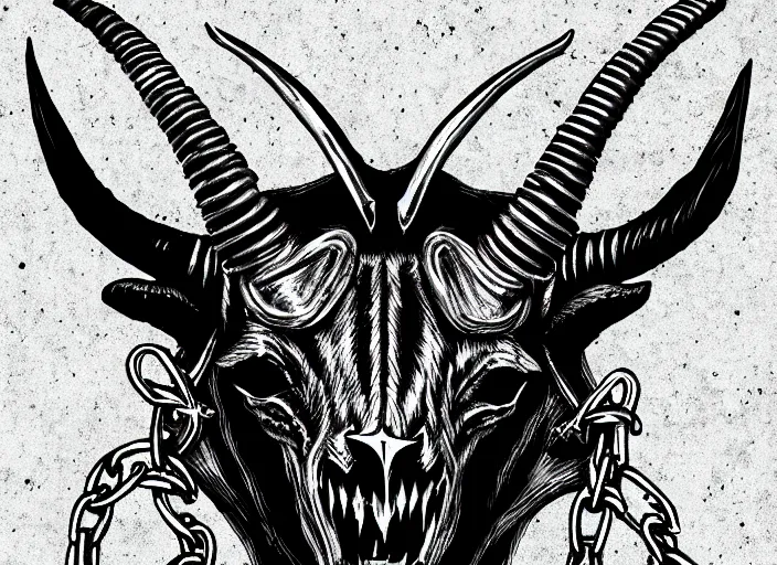 Image similar to satanic goat head, metal, metal band, chains, 666, digital art, trending on art station