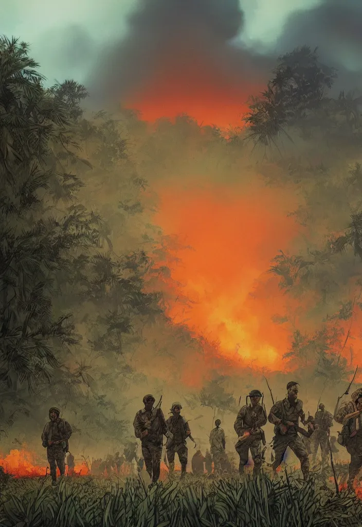 Image similar to handmade illustration of an epic Vietnam war scene with a few american soldiers walking, the jungle at the background, some smoke and fire, blue sky with dramatic clouds, line art, ink, watercolor by Kilian Eng and by Jake Parker, heavy brushstrokes, winning-award masterpiece, fantastic, octane render, 8K HD Resolution, High quality image