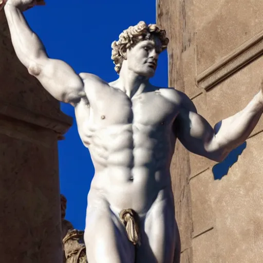 Image similar to a detailed sculpture of hercules, renaissance style by michelangelo and auguste rodin. volumetric lighting, ultra - hd, unreal engine 5