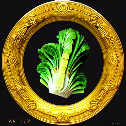 Prompt: stylized gold golden bok choy symbol : : ornate, dynamic, particulate, intricate, elegant, highly detailed, centered, artstation, smooth, sharp focus, octane render, 3 d