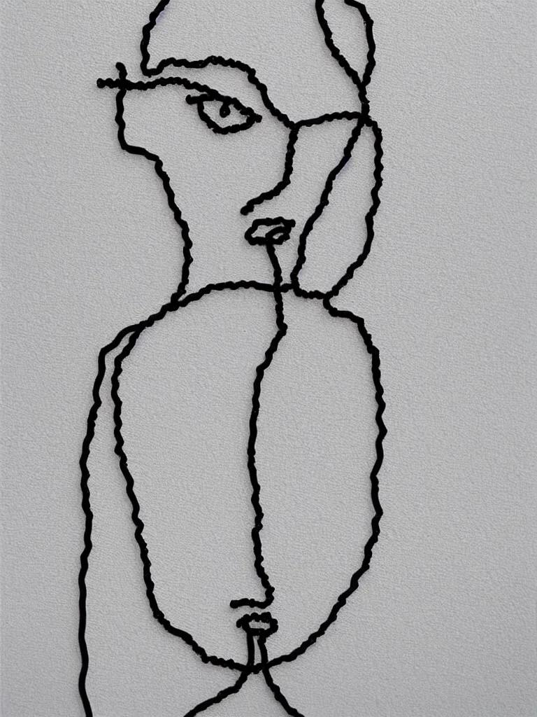 Image similar to simple and elegant wire art portraiture, influenced by egon schiele. minimalist artwork full of human emotional expression and personality, powerful gaze, dramatic.