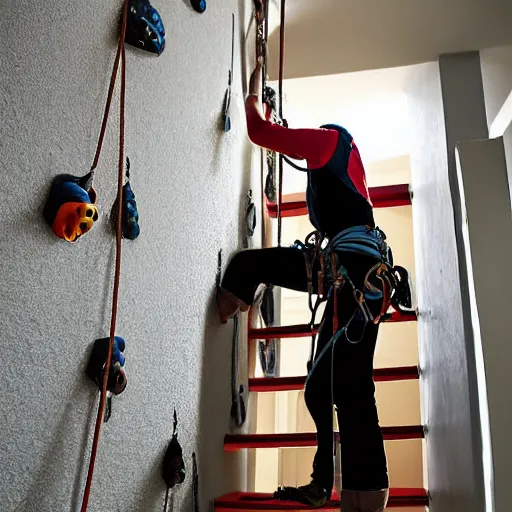 Image similar to A climbing expedition climbing the stairs of a regular apartment building. They are using ropes, pickaxes and other professional climbing gear in order to climb the stairs. Photograph, f/8, room lighting, indoor