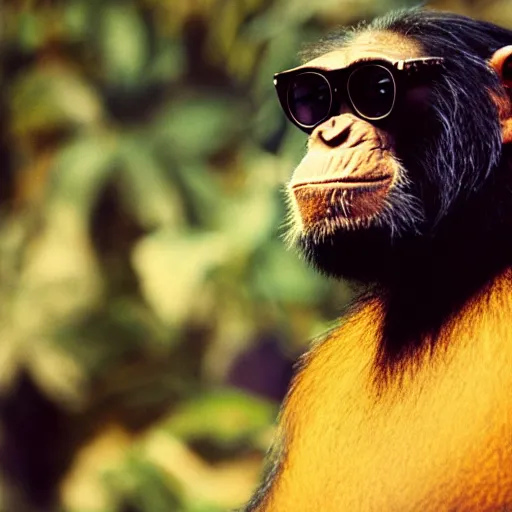 Prompt: high quality 8 k movie still of a smiling and arrogantly wise looking chimpanzee wearing cool round hippie dark sunglasses, highly detailed, cinematic composition, cinematic lighting, 1 9 8 0 s retro hippie vintage hipster art, profile photography