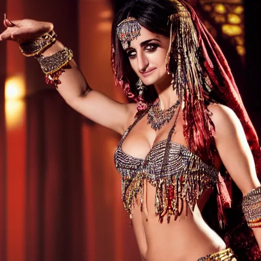 Image similar to a full body shot of penelope cruz as a belly dancer, arabian night, high quality, fully detailed, 4 k